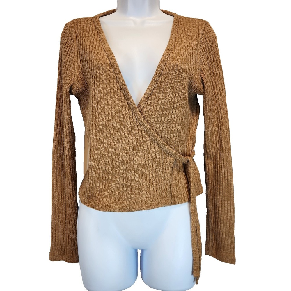 Everlane Women`s Size S Organic Cotton The Cozy Rip Wrap Top Brown Slim Fit Knit